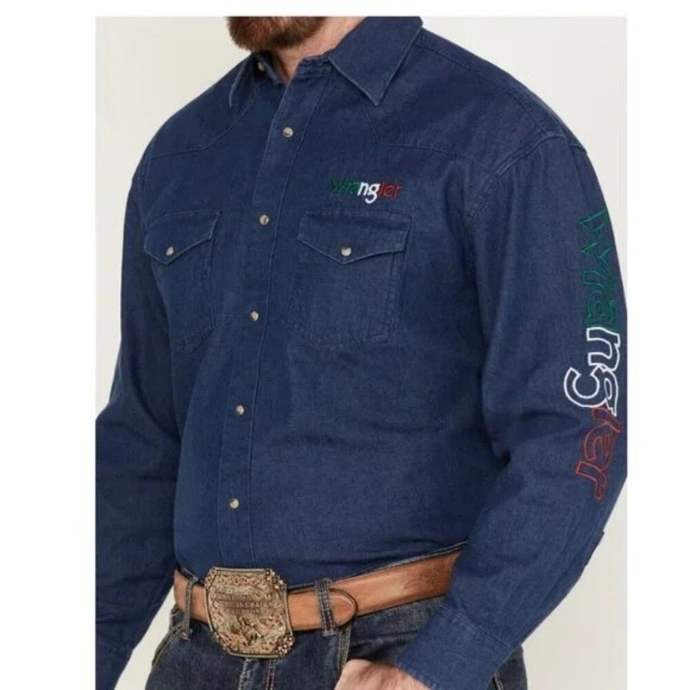 Wrangler Mens Logo Mexican Denim Western Snap Shirt